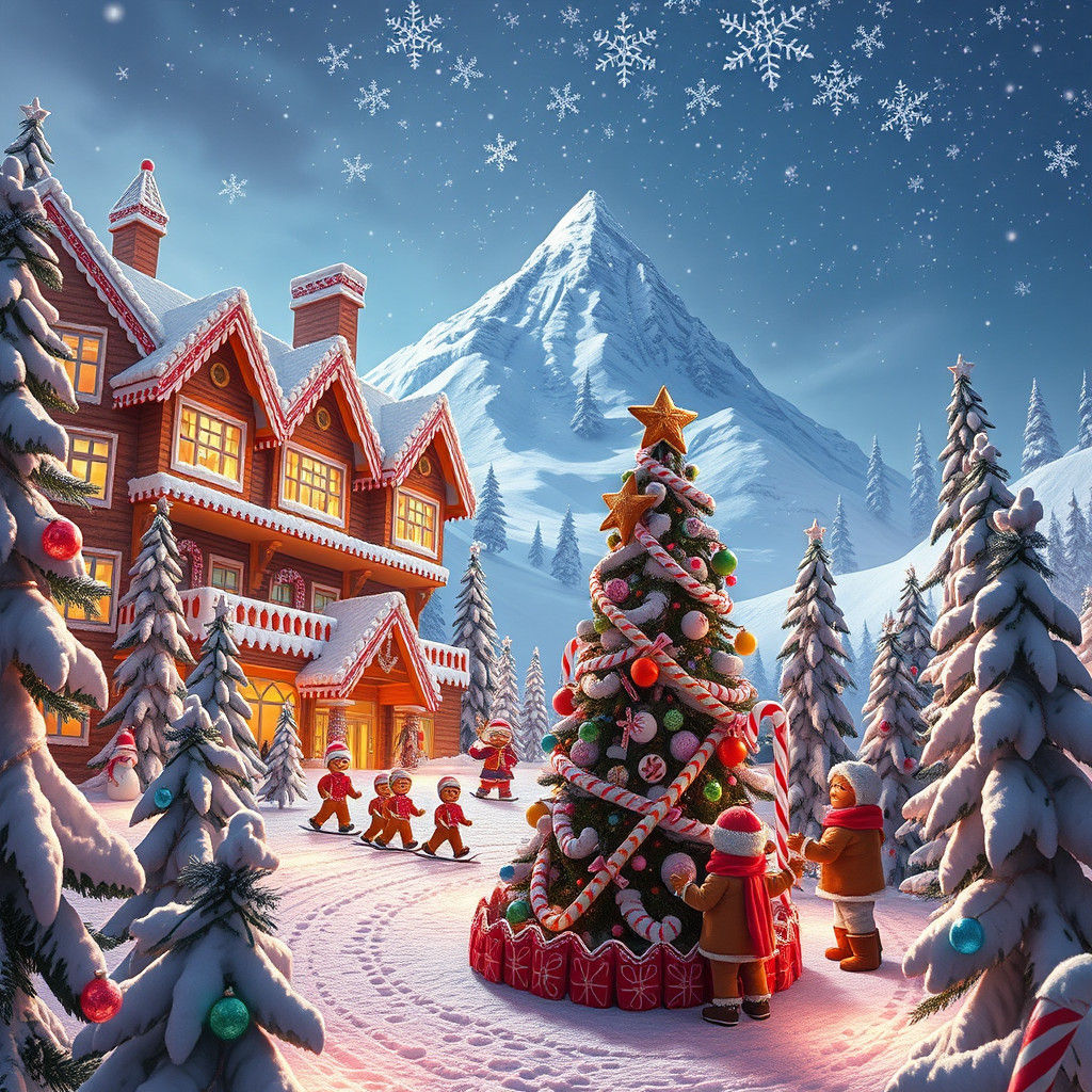 Whimsical Christmas Gingerbread Ski Lodge in a Candy Forest