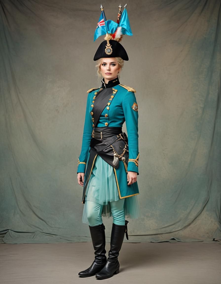 Woman in Turquoise Military Outfit with Tulle Skirt