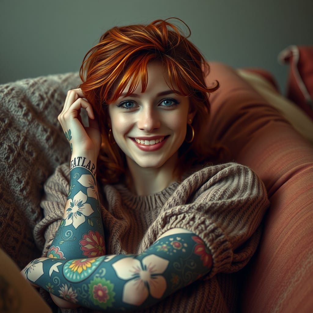 Woman with Red Hair Lounging at Home