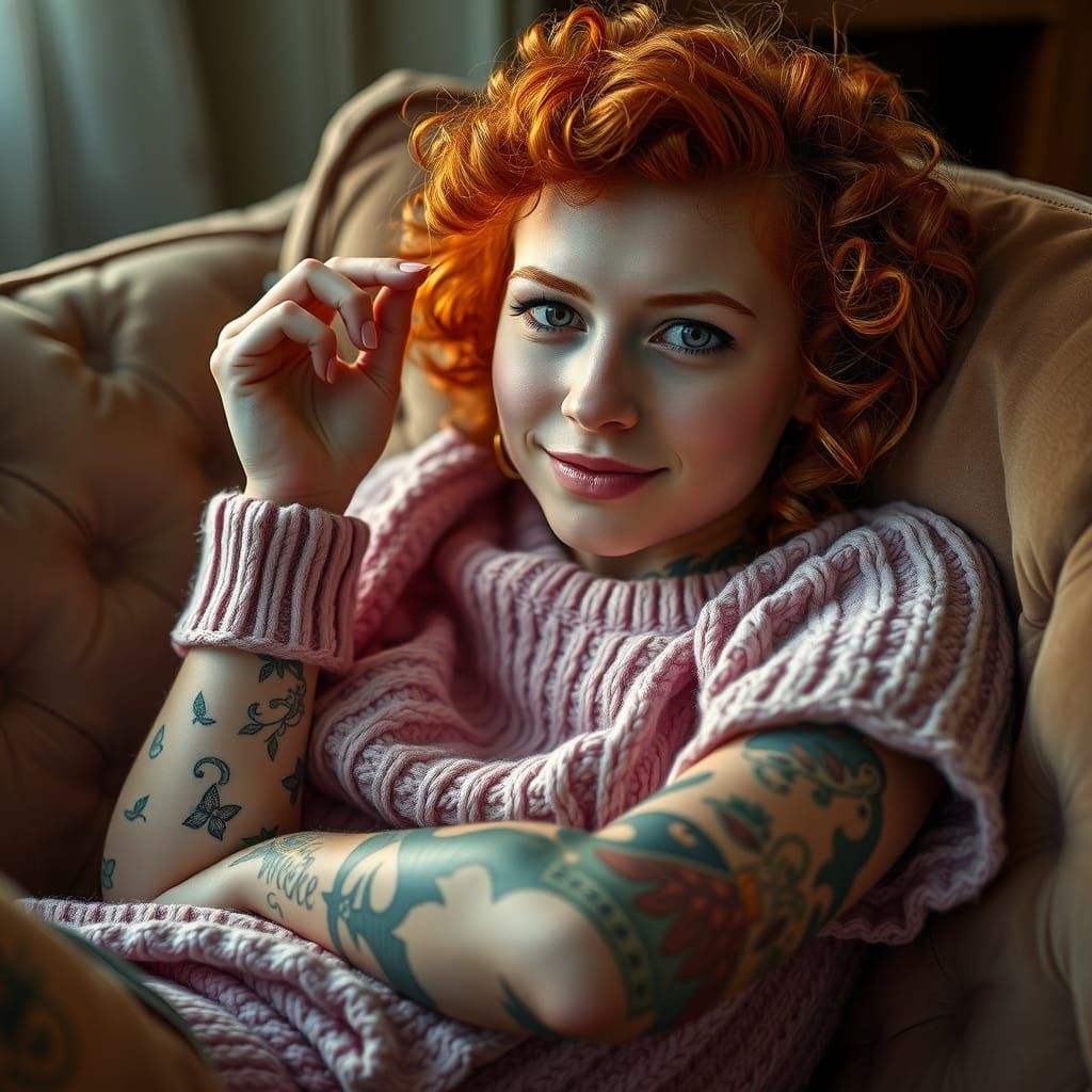 Redhead Woman Lounging on Velvet Sofa Portrait