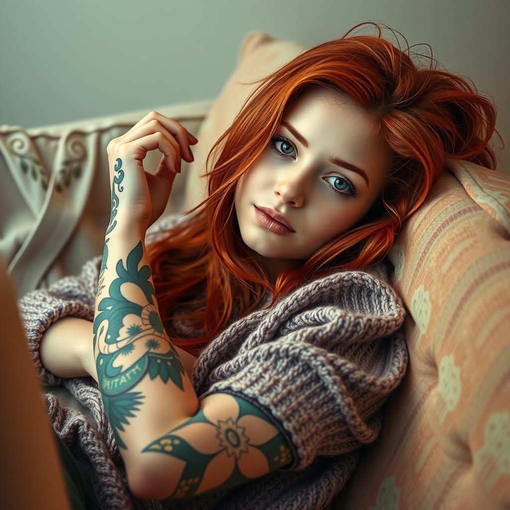 Woman with Red Hair Lounging on Sofa