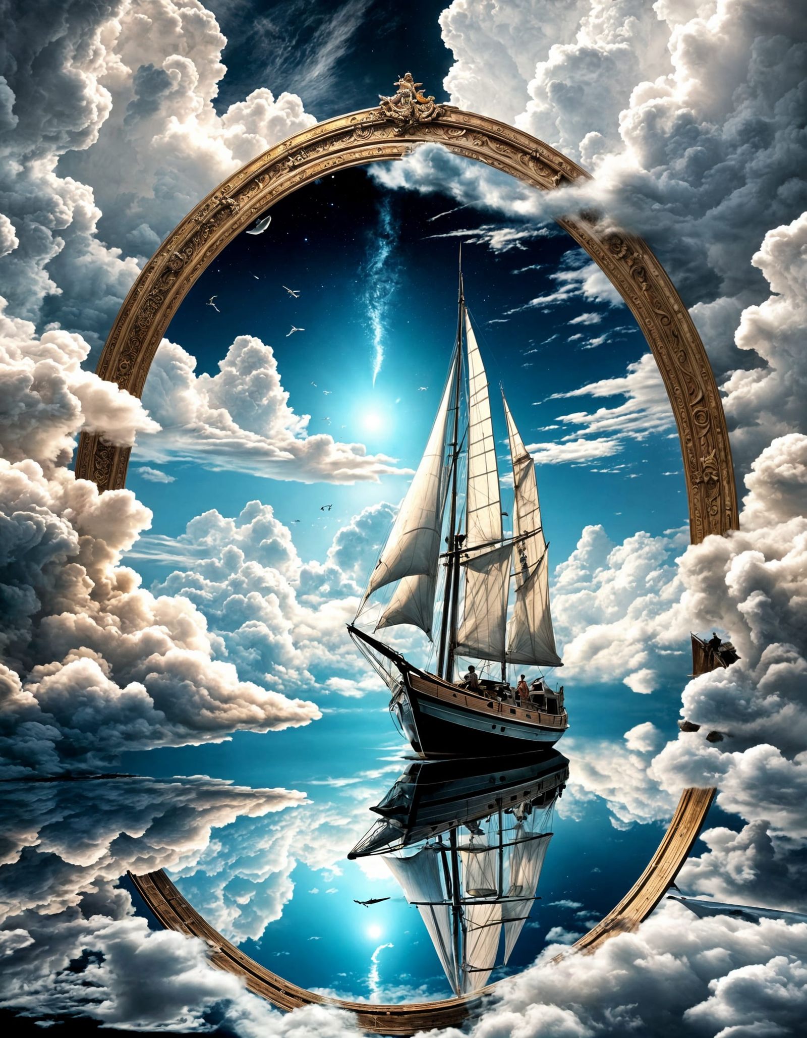 Sailboat Soars on a Sea of Clouds in Dreamcore Style
