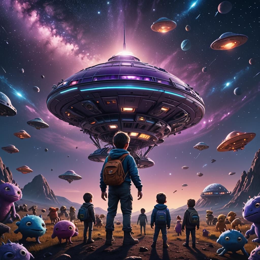 European Kid in UFO with Monsters: Fantasy Art
