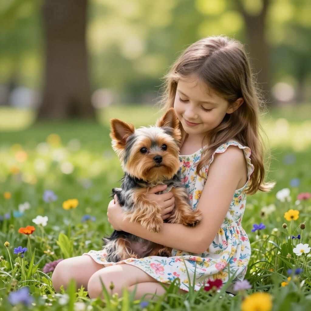 Girl Holds Yorkshire Terrier in Sunlit Park