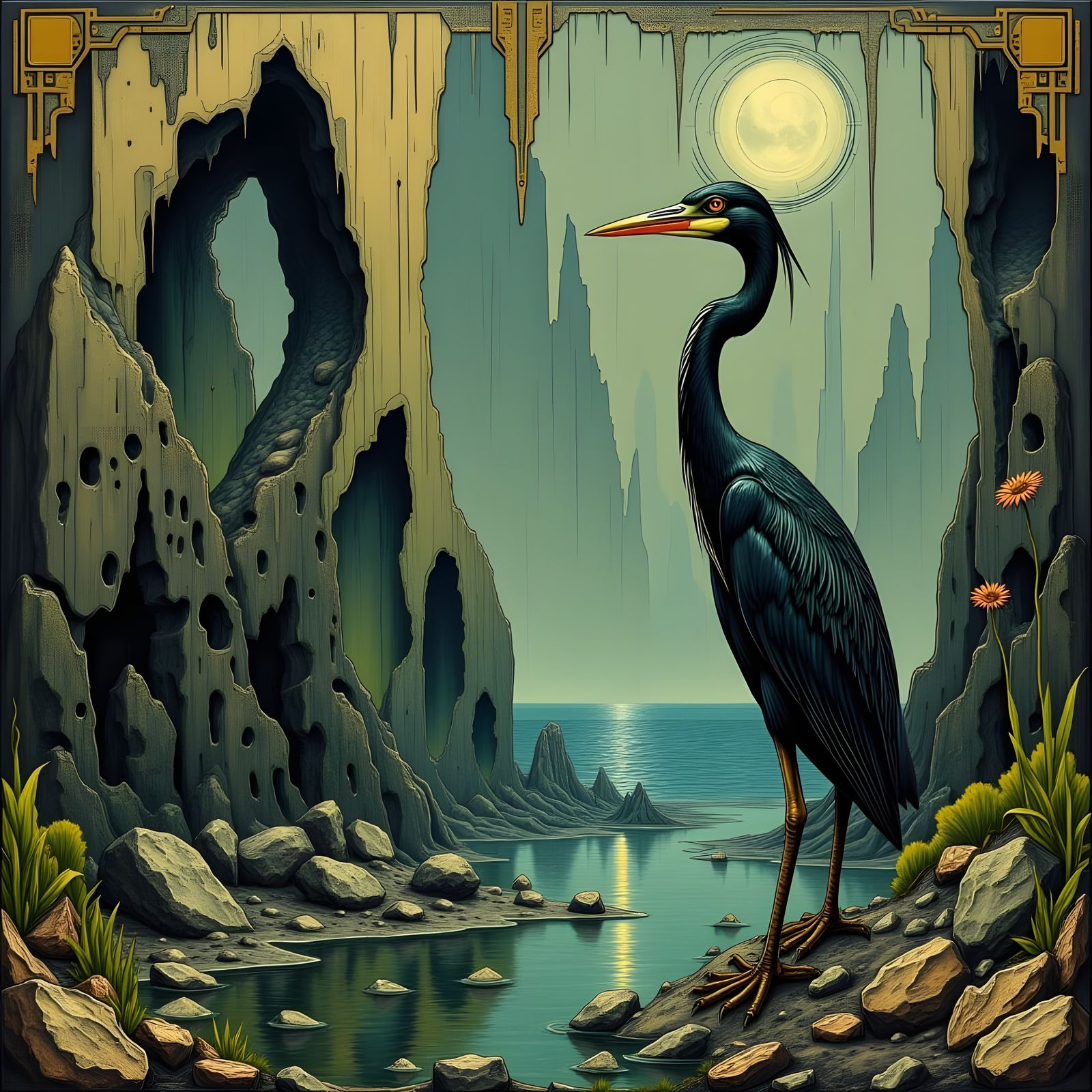 Elegant Night Heron in Deco Surreal Landscape