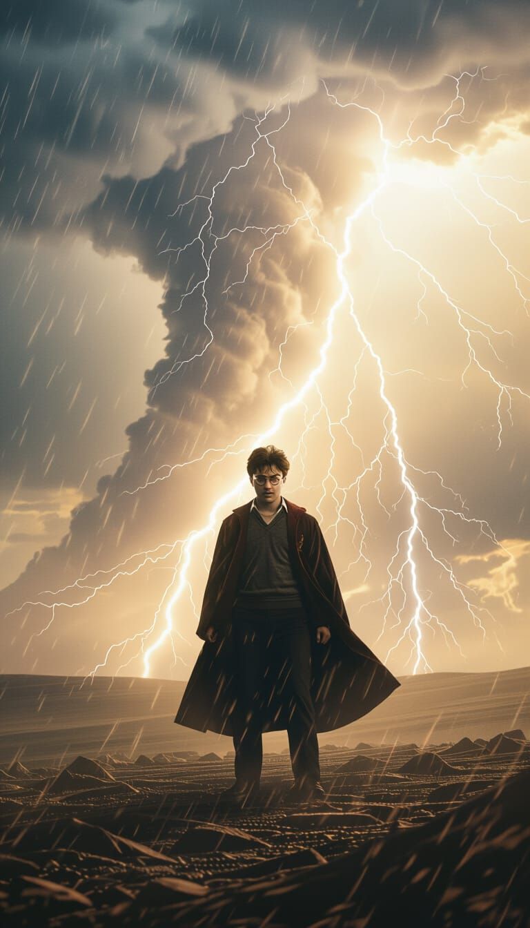 Harry Potter Confronts the Storm: Cinematic Film Still