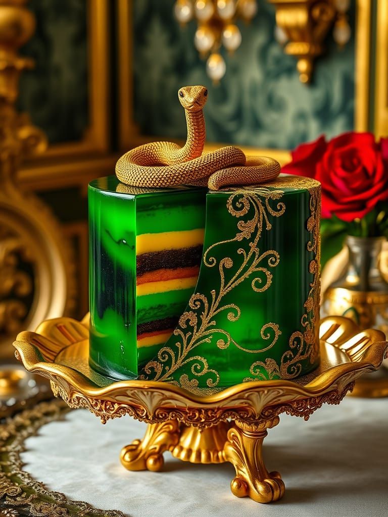 Vibrant Green Rococo Cake with Golden Accents and Fractal Pa...
