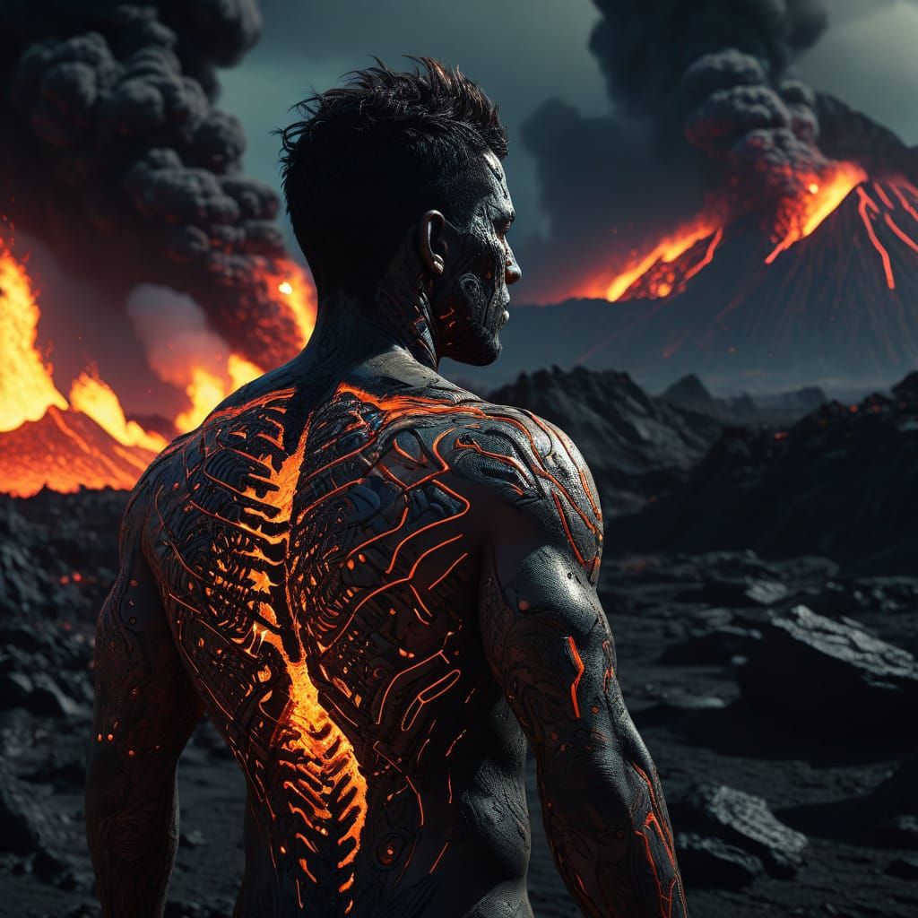 Cyberpunk Figure Burns on Volcanic Island