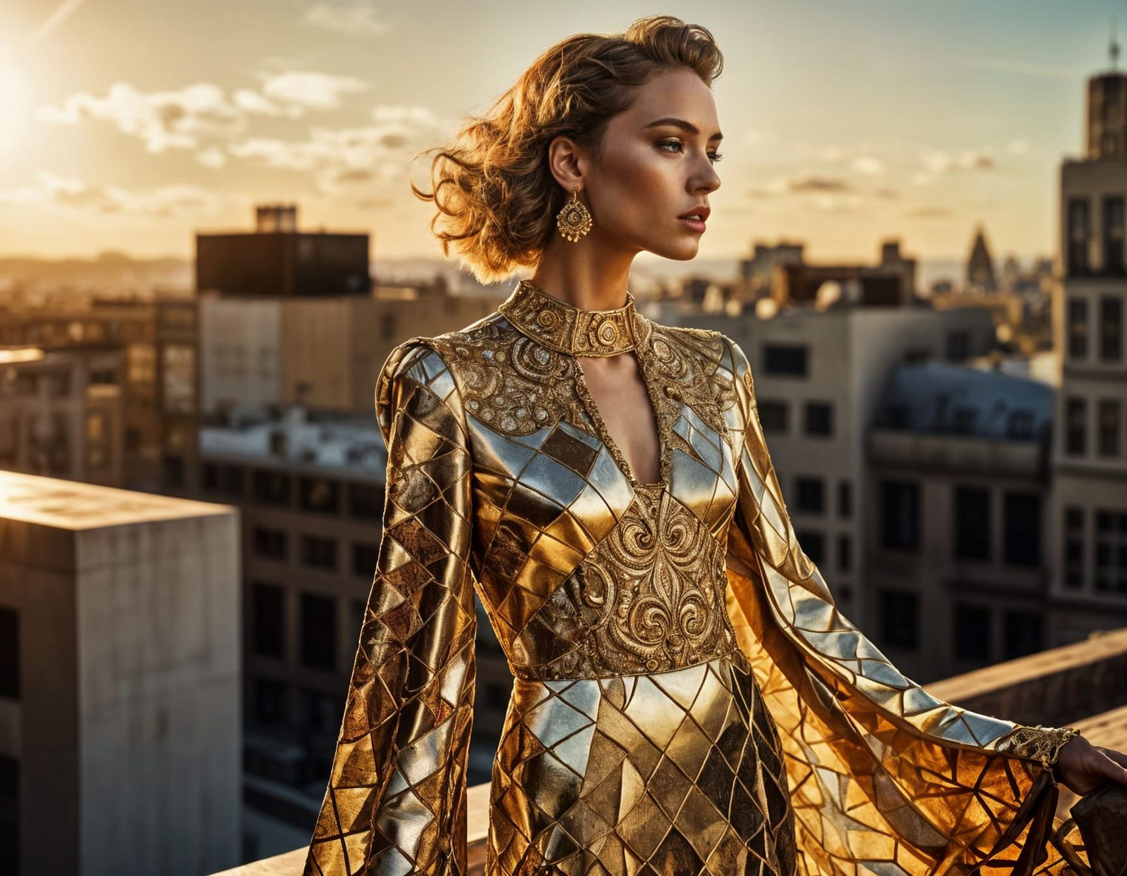 Klimt-Inspired Fashion on Brutalist Rooftop, Photorealistic