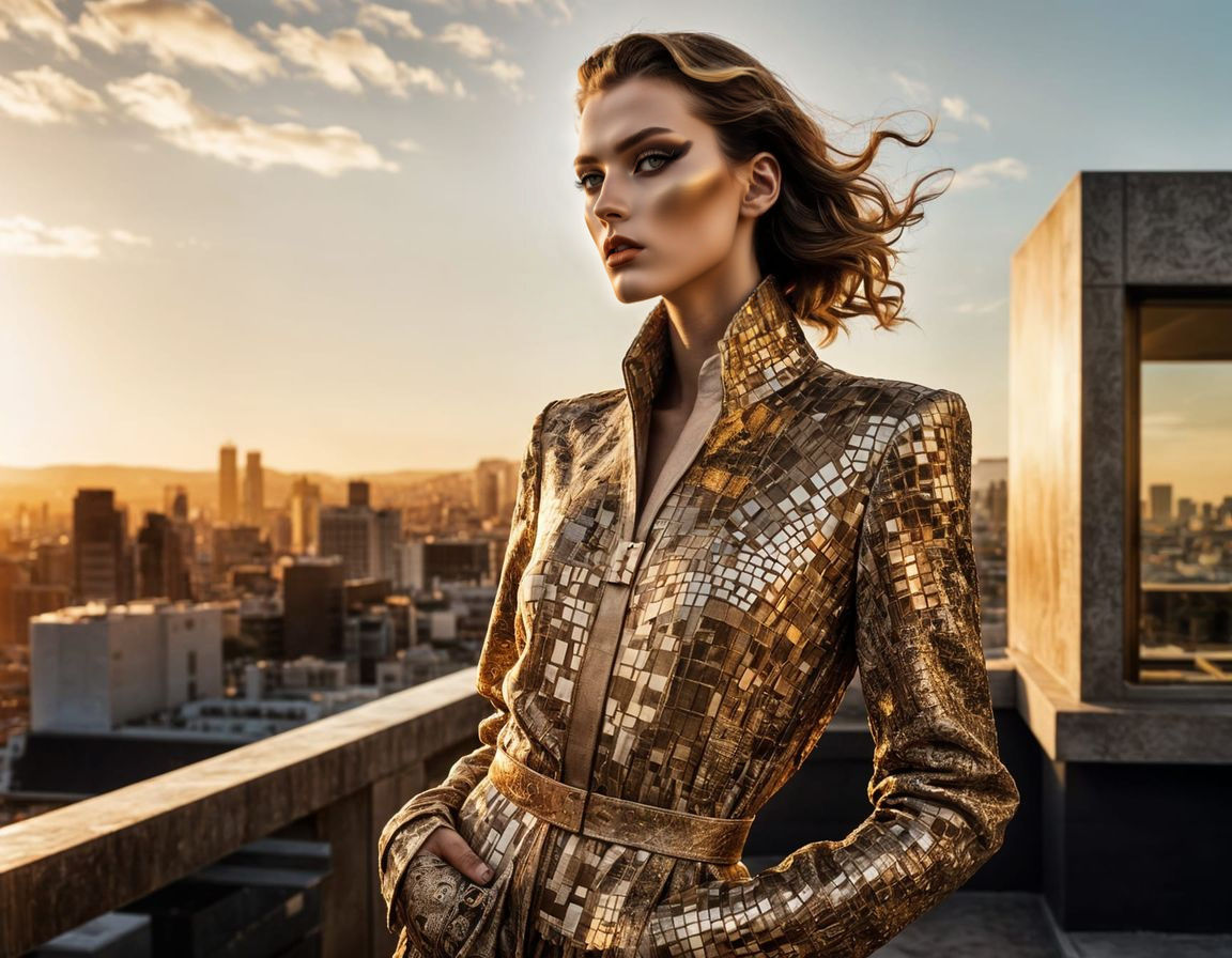 Klimt-Inspired Fashion on Brutalist Rooftop
