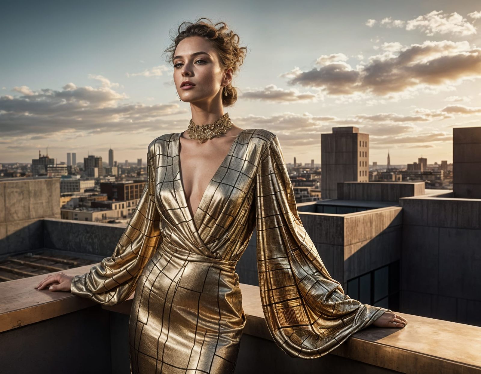 Klimt-Inspired Fashion on Brutalist Rooftop
