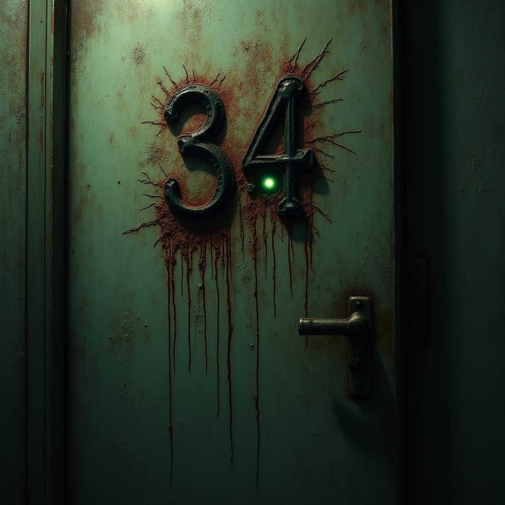 Dark Hotel Room Door with Glowing Eyes