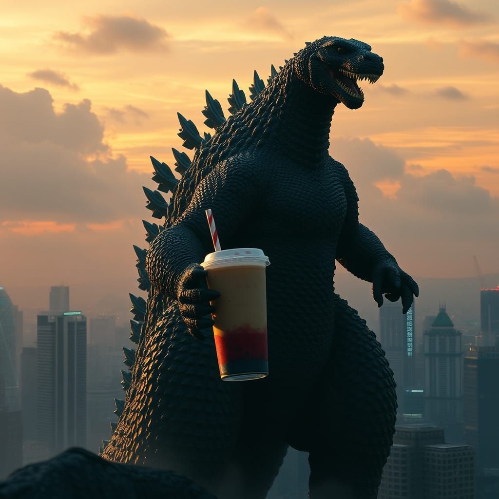 Godzilla's Boba Break: A Cinematic Kaiju Scene