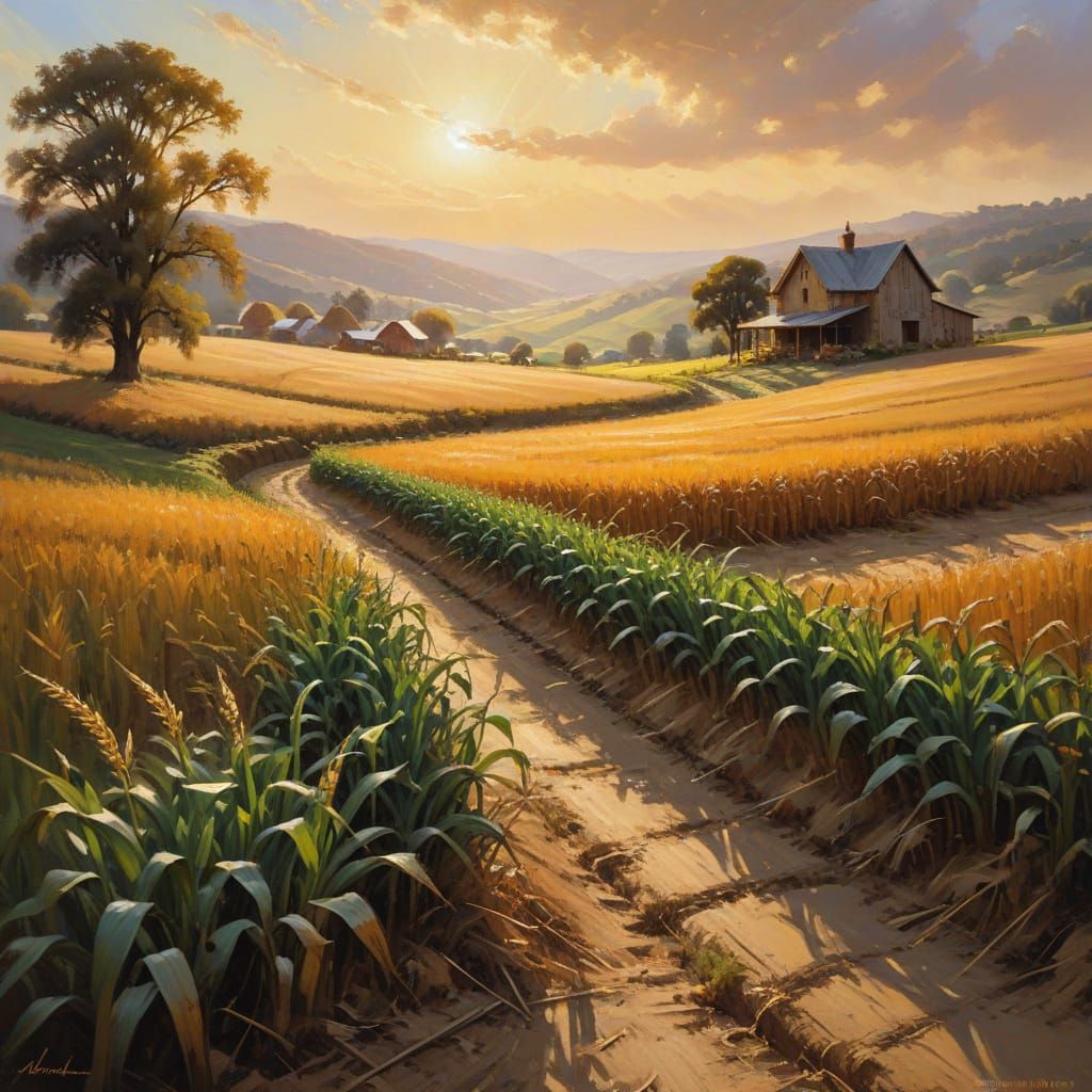 Golden Cornfield at Sunset: Oil Painting