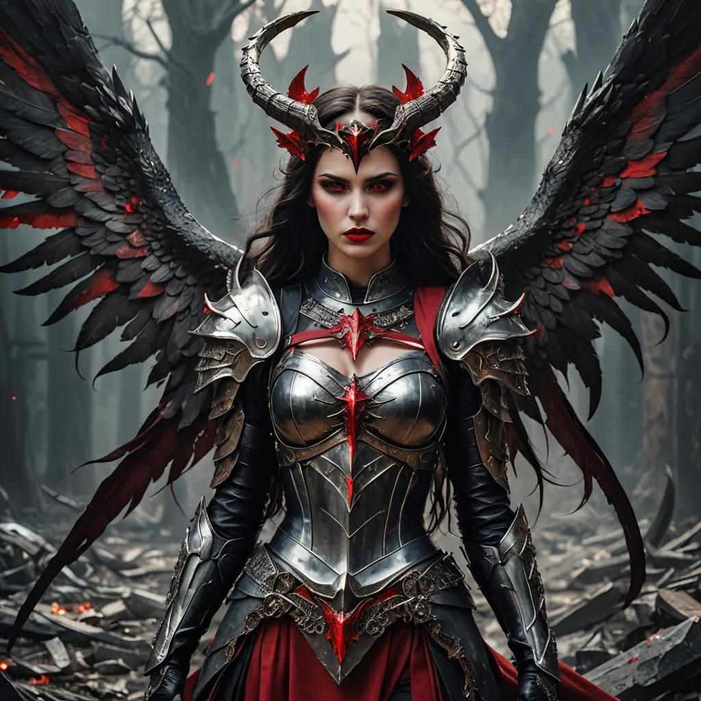 Beautiful Armored Erinyes in Demonic Hellscape