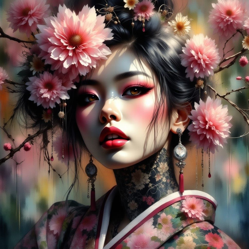 Hyperrealistic Geisha in Dramatic Lighting as Digital Art