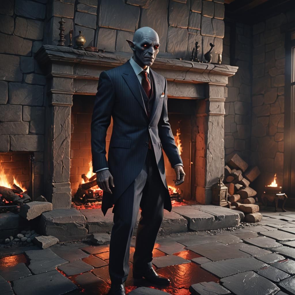 Hairless Vampire in Suit by Fireplace