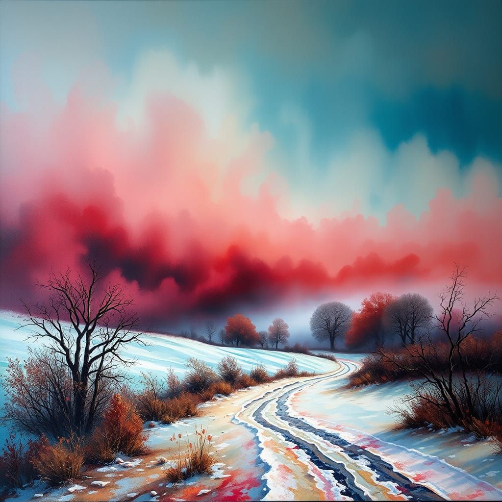 Surreal Winter Landscape in Burgundy and Blue Hues