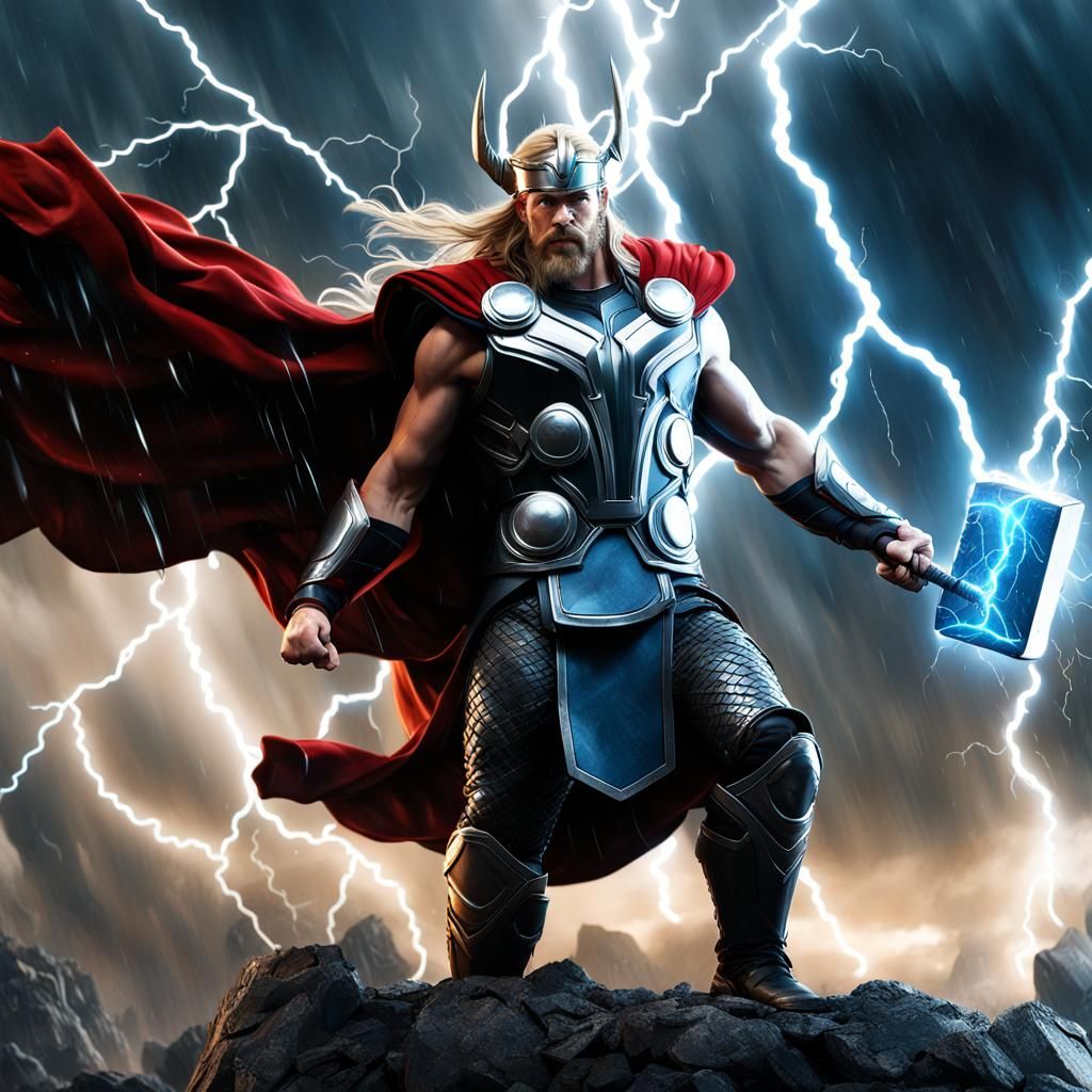 Thor in Epic Thunderstorm Battle Scene