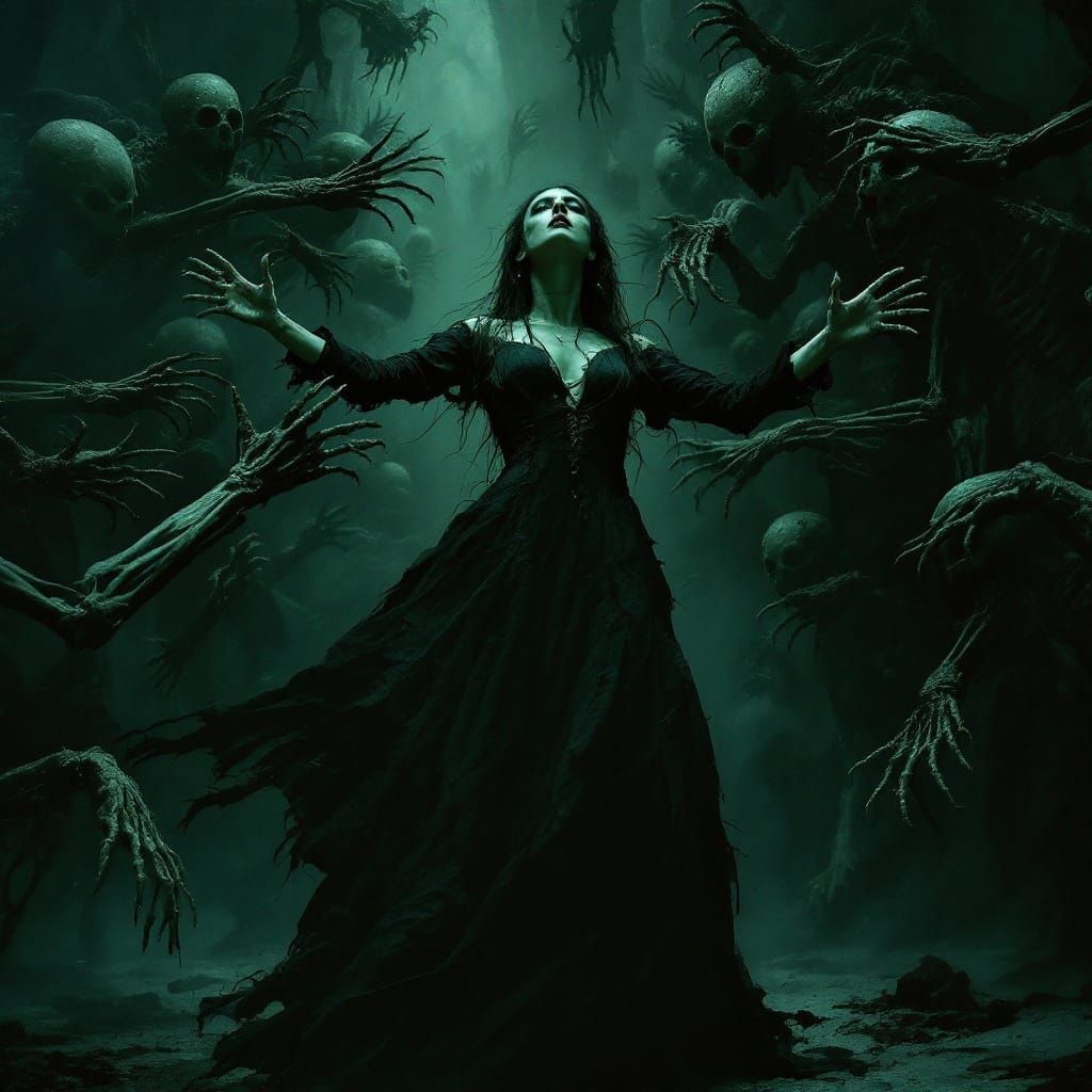 Ethereal Gothic Woman Surrounded by Macabre Creatures in Dar...