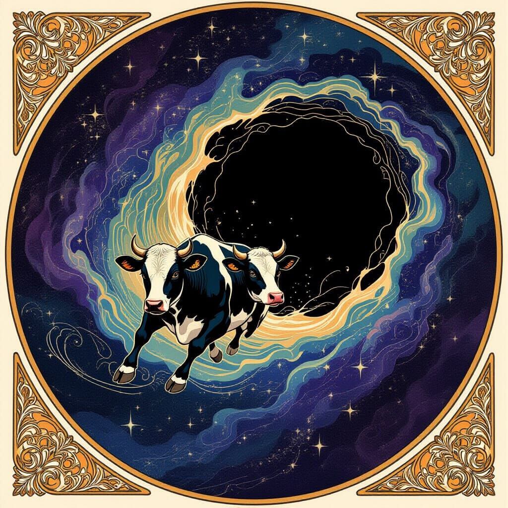 Cosmic Black Hole With Cow Escaping in Art Nouveau Style