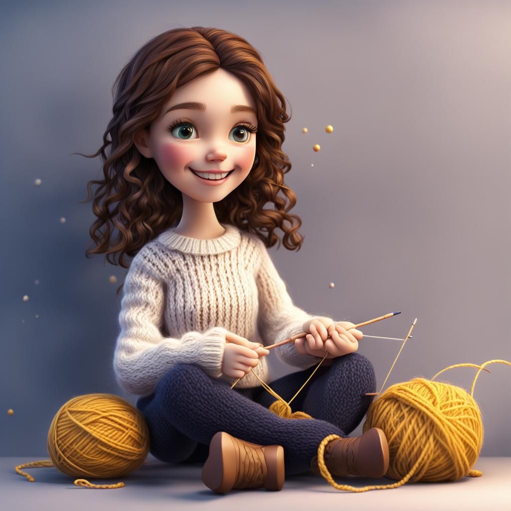 Girl Knitting with Yarn: 3D Art Style