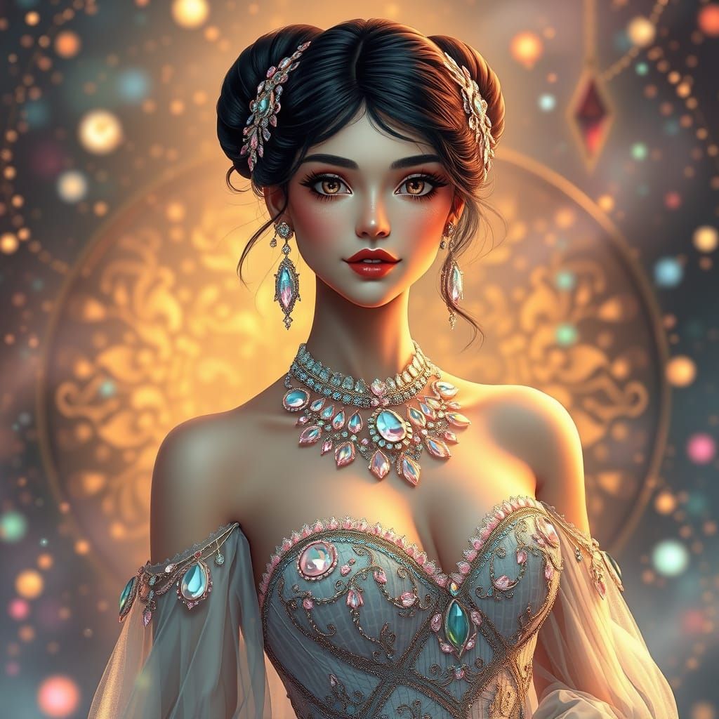 Klimt style dressed game girl icon poster， wear shining past...