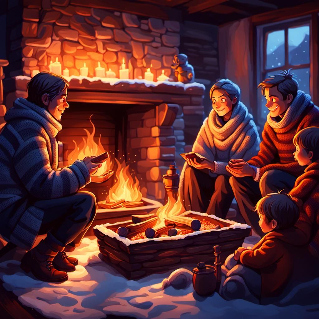 Cozy Family Gathered by Fireplace: Concept Art