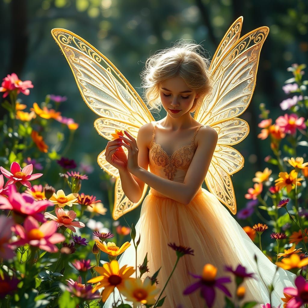 Mystical Forest Fairy in Golden Radiance Gathered Flowers