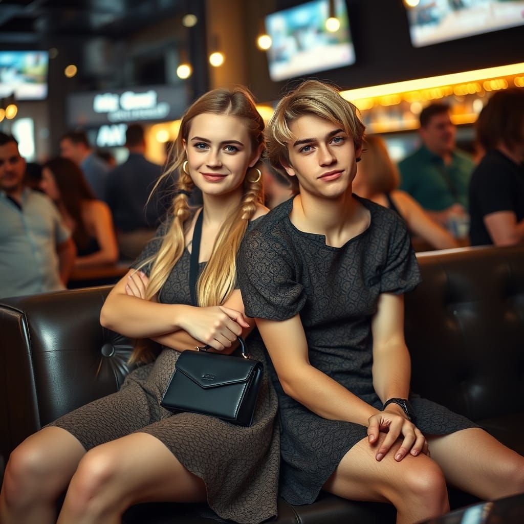 Young Man in a Modern Bar Setting with Crossdressing Friend