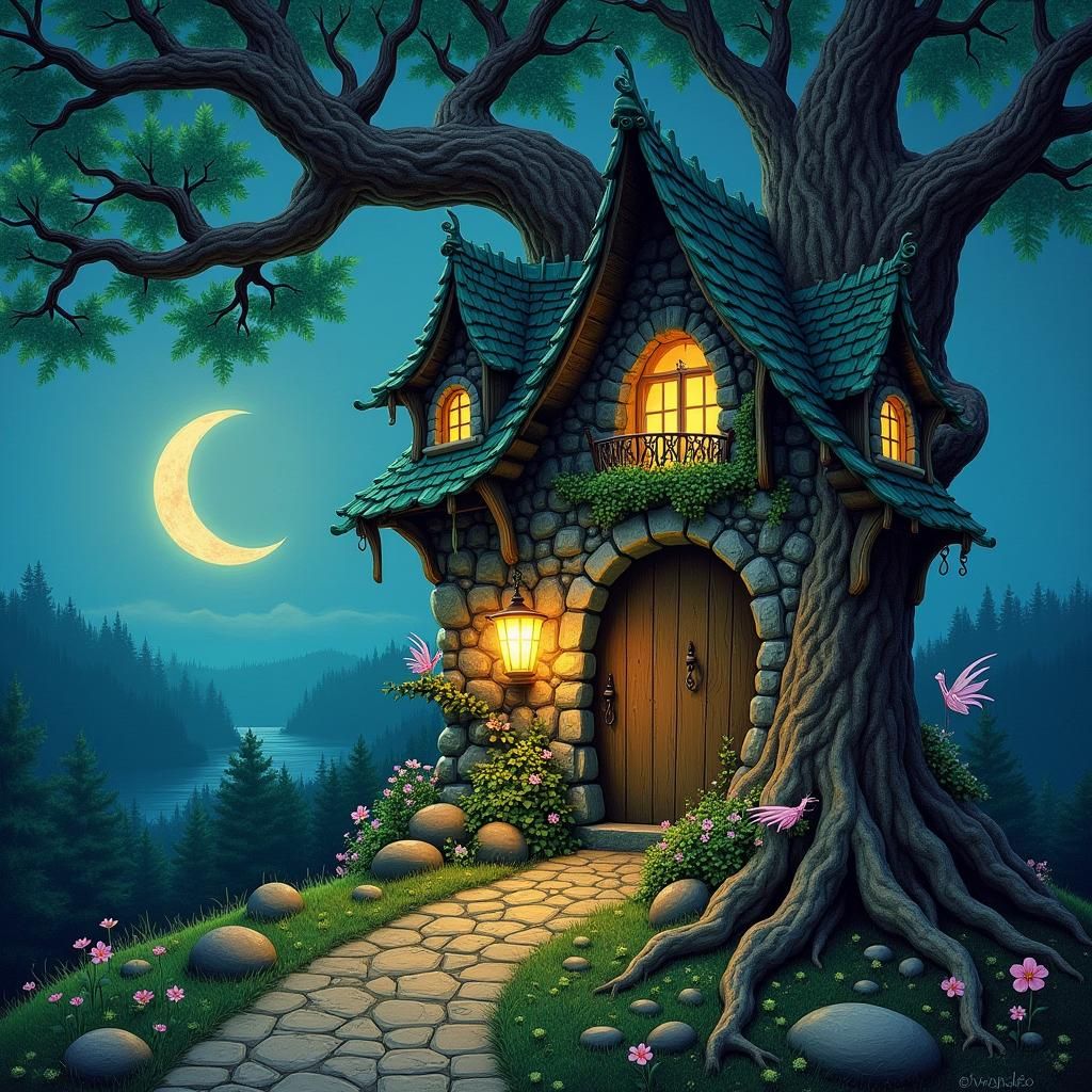 Enchanted Fairy-Tale Cottage Under Moonlight