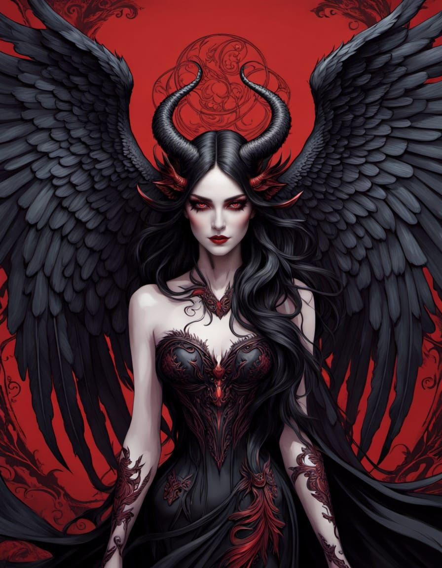 Seductive Devil Woman with Wings and Horns