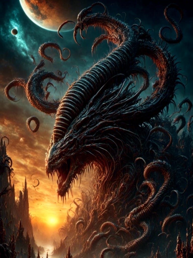 <lora:Xenomorph:1.0> <lora:Sun0fKor:1.0> a swarm of hydras devouring the setting sun