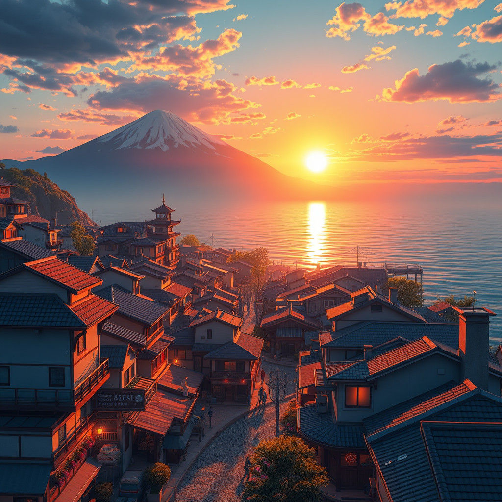 Surreal Anime-Seaside Paradise at Sunset