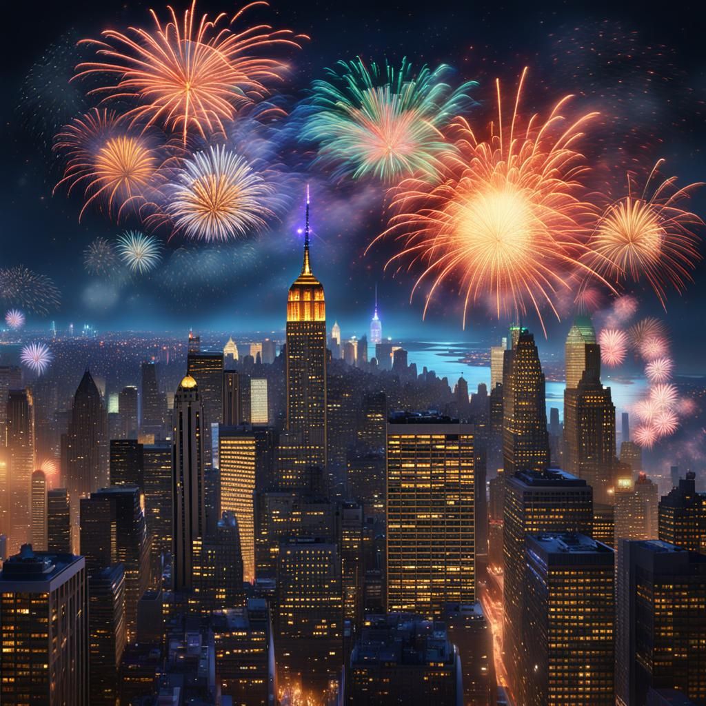 New York City Skyline Fireworks as Van Gogh Painting