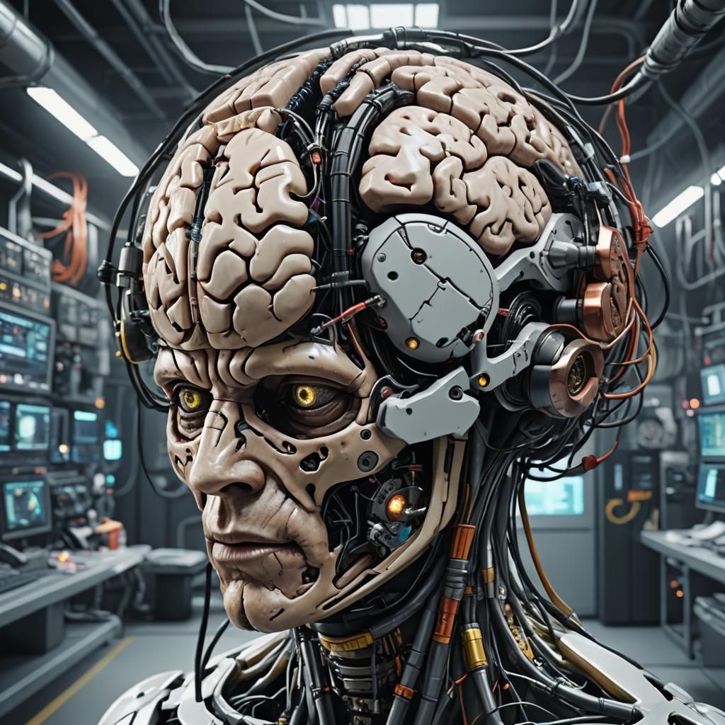 Cyborg Brain in Futuristic Cyberpunk Lab