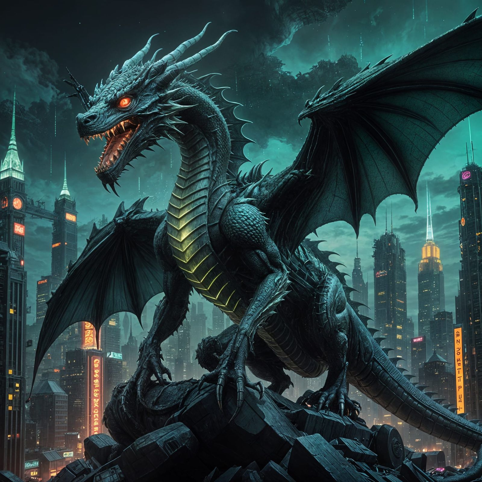 Bioluminescent Dragon Descends on Futuristic City