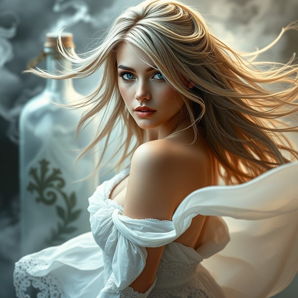 Majestic White Genie in Swirling Mist