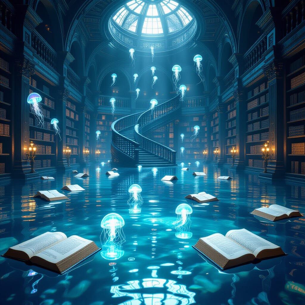 Flooded Infinite Library with Glowing Books and Jellyfish