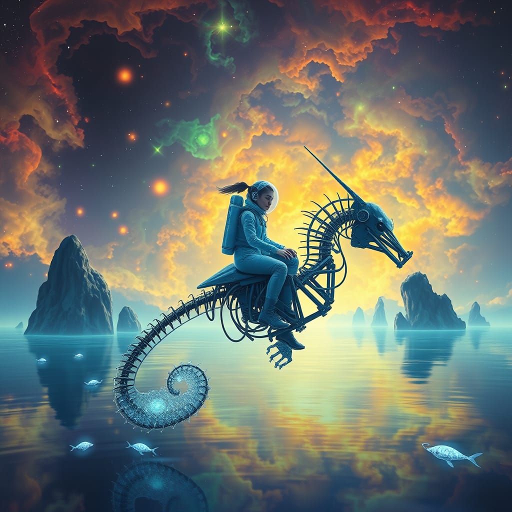Woman Rides Robot Seahorse in Bioluminescent Ocean