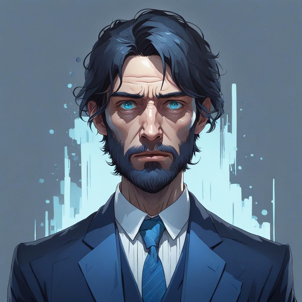 Pale Man in Blue Suit: Digital Art Portrait