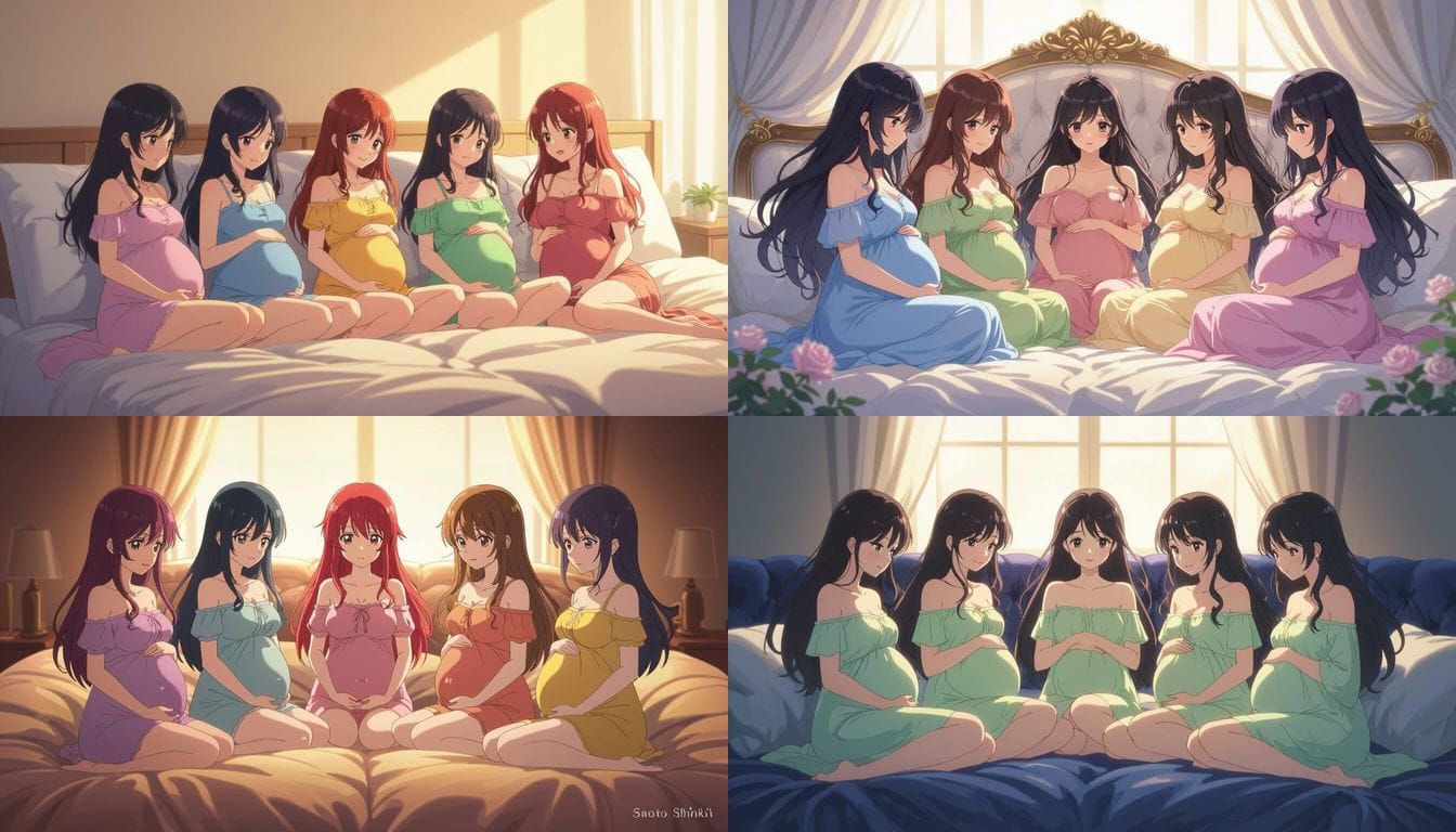 Six Anime Women Posing on a Bed