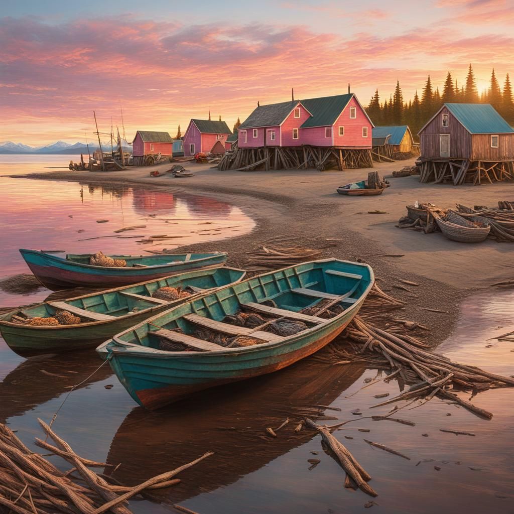 Alaskan Fishing Village at Sunset in Impressionist Style