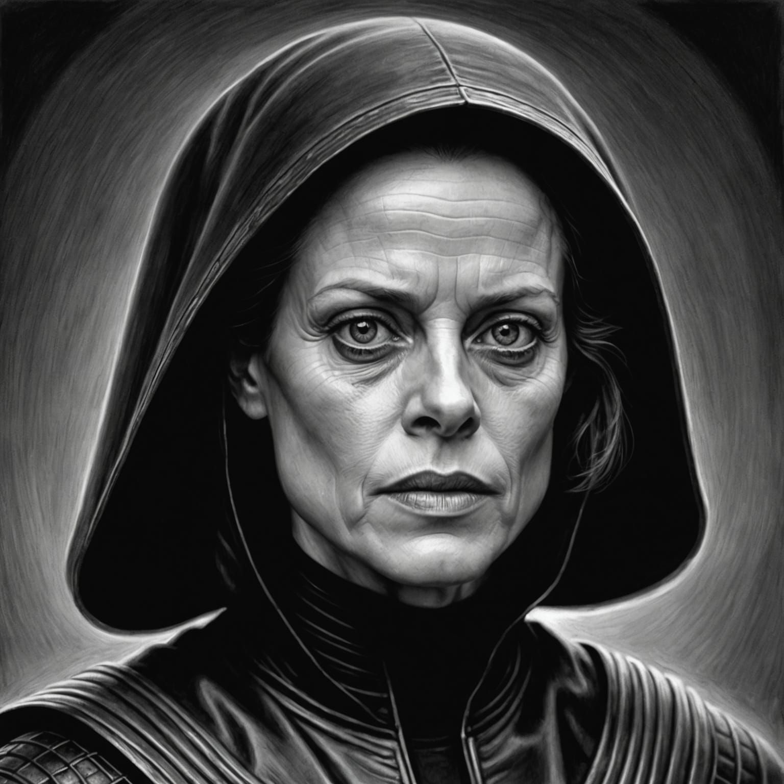 Hyperdetailed Charcoal Drawing of Rubber Nun