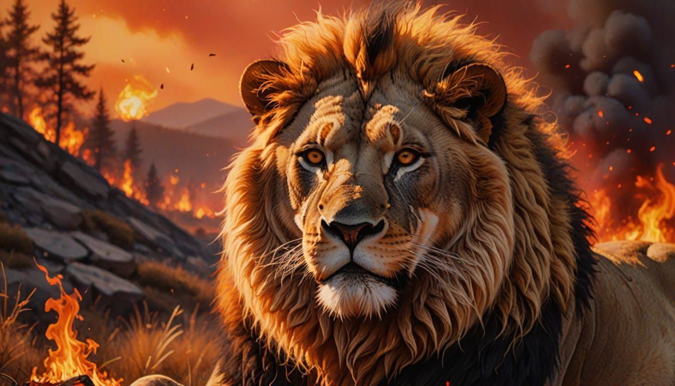 Fiery Red Lion in a Burning Landscape