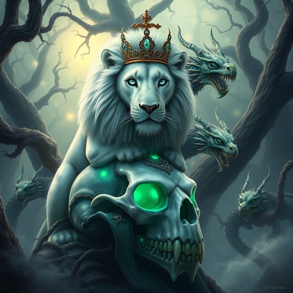 Majestic Lion on Glowing Green Skull with Crown and Dragons