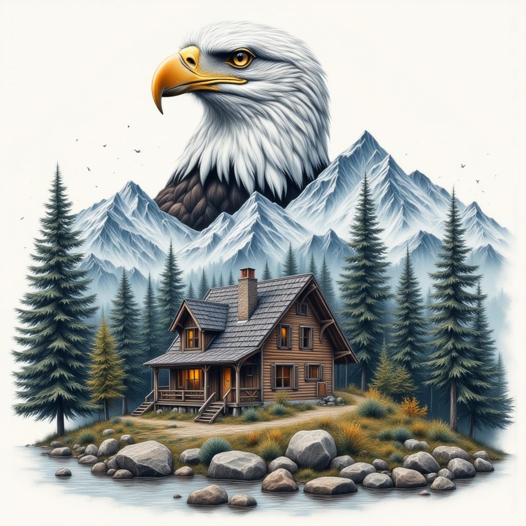 Ethereal Chalk Art of Eagle in Mountain Cabin Scene