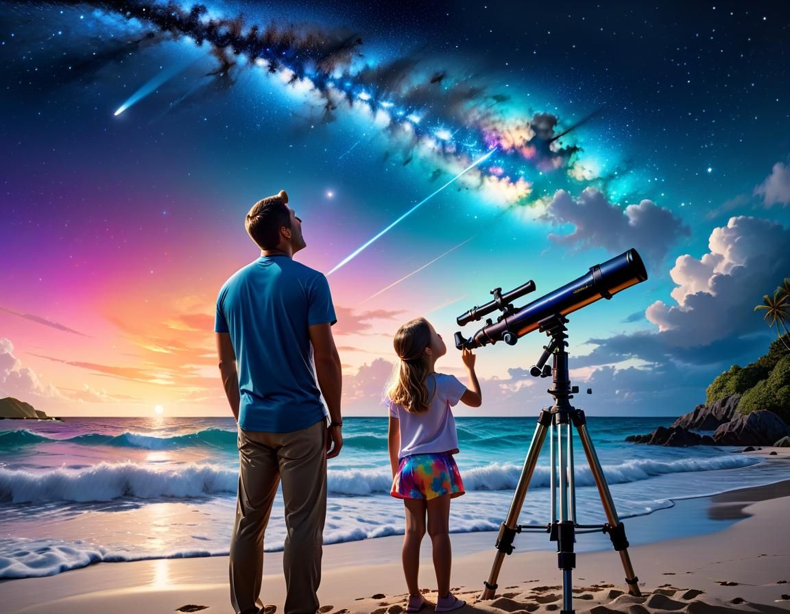 Father and Daughter Gaze at Night Sky