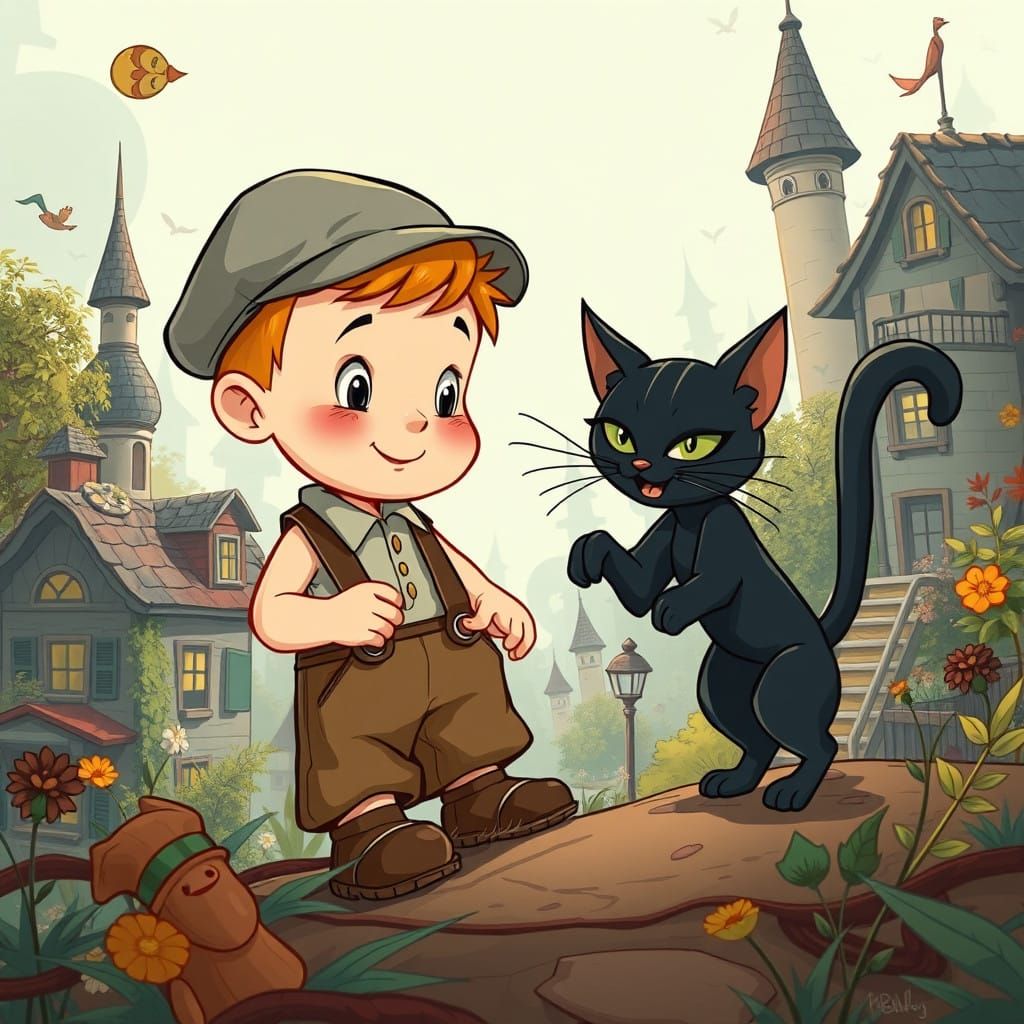 Whimsical 1920s-Inspired Cartoon Boy and Mischief-Making Bla...