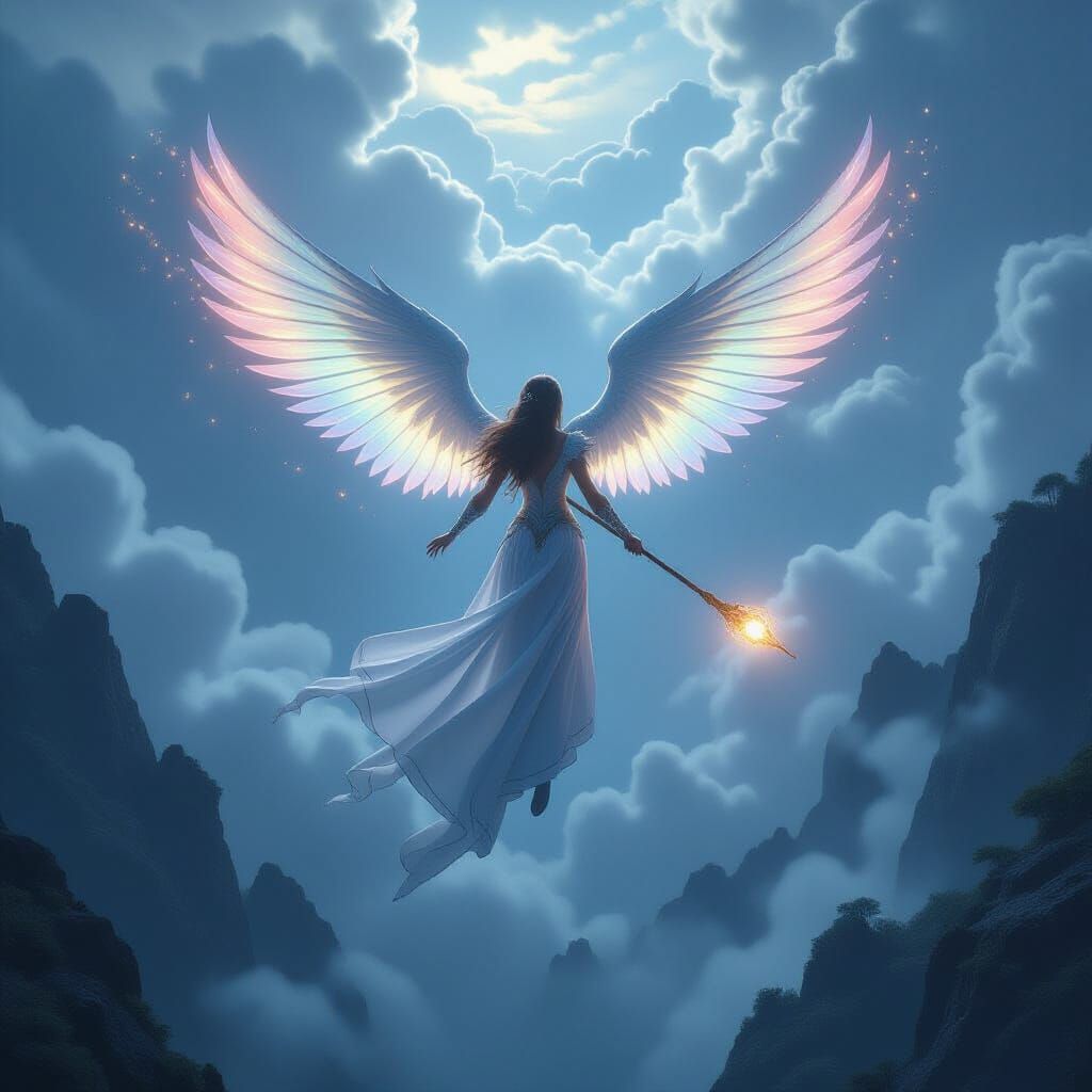 Princess Amelia Hovering at Valley's Edge with Glowing Staff